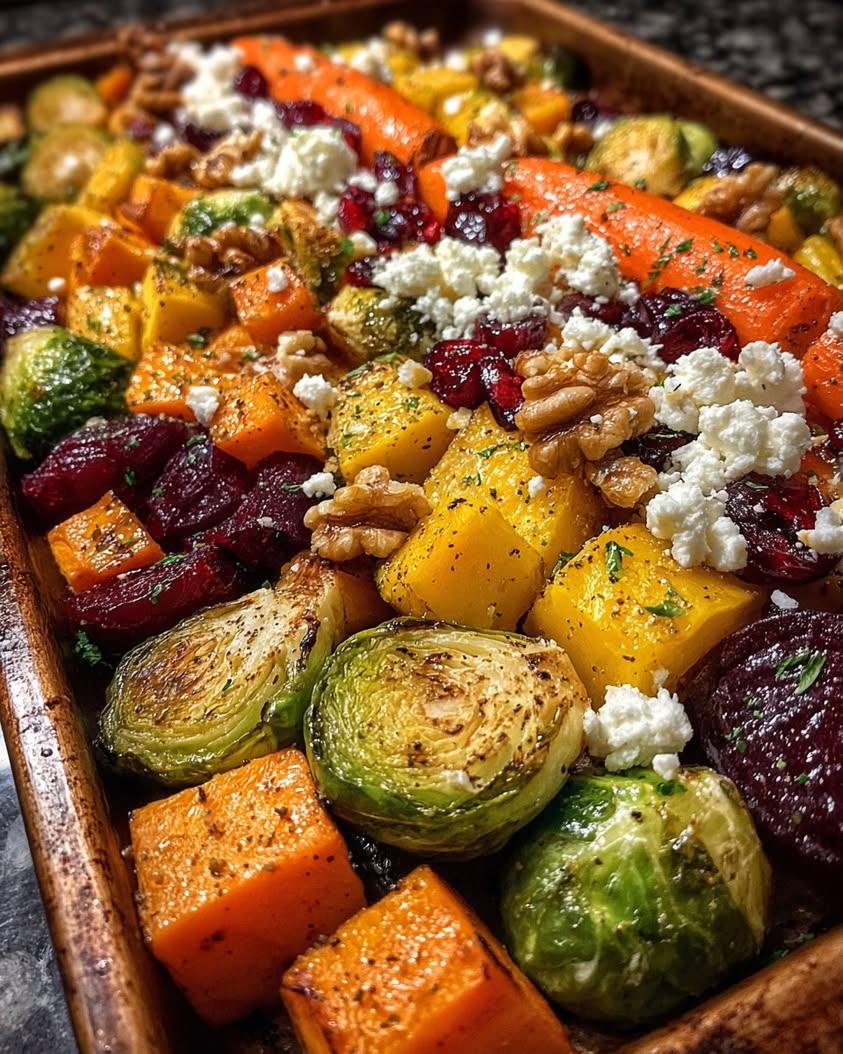 Roasted Root Veggie Medley with Feta and Walnuts 22 caramelized brussels sprouts medley feta