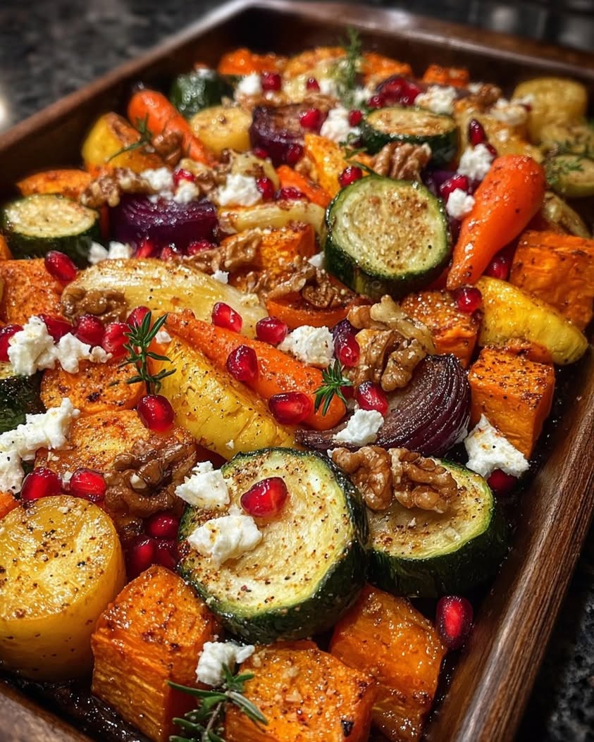 Roasted Vegetable Medley with Feta and Pomegranate 20 caramelized roasted vegetables feta pomegranate