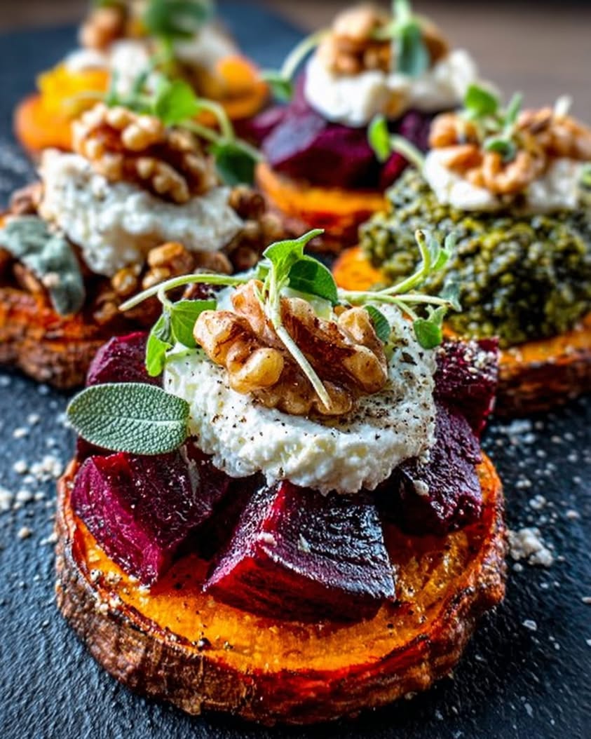 Caramelized Sweet Potato Rounds with Burrata and Walnut Sage Pesto 18 caramelized sweet potato rounds burrata