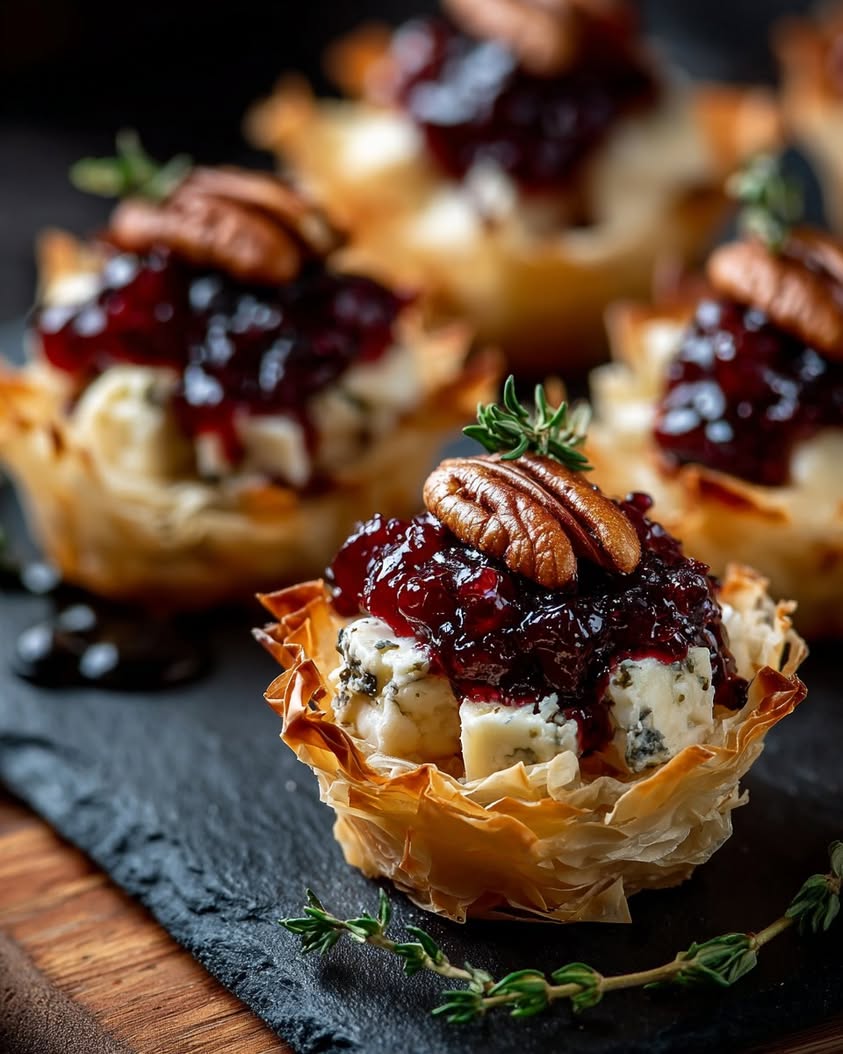 Crispy Brie and Cranberry Phyllo Cups with Glazed Pecans 16 crispy brie cranberry phyllo cups