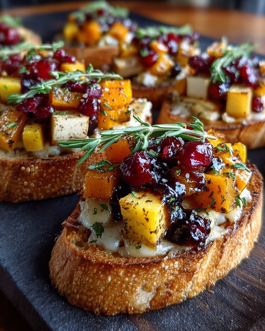 Fall Harvest Crostini with Roasted Squash, Pear, and Brie 18 fall harvest crostini brie cranberry