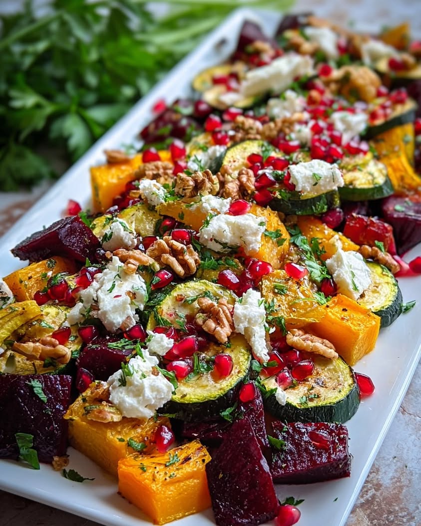 Festive Roasted Veggie Salad with Feta and Pomegranate Jewels 19 festive roasted veggie salad