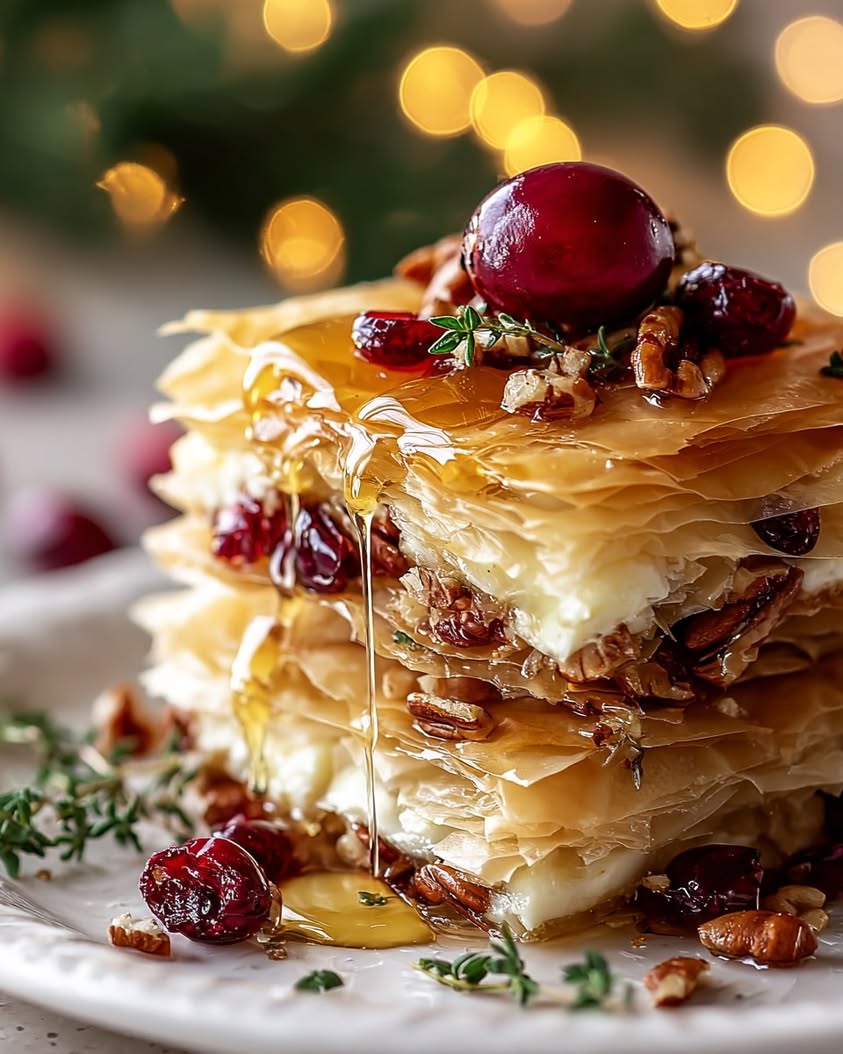 Golden Phyllo Stack with Brie, Cranberries, and Honeyed Pecans 17 golden phyllo stack brie cranberries