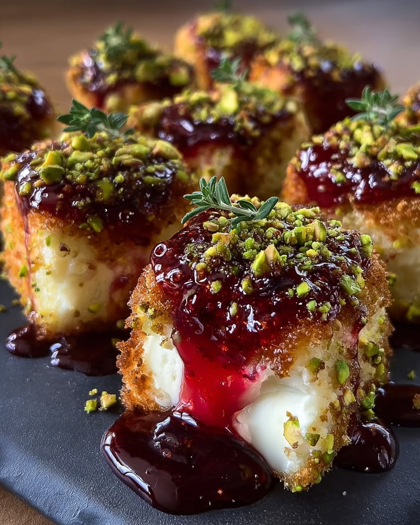 Golden Pistachio Brie Bites with a Raspberry Drizzle 15 golden pistachio brie bites raspberry