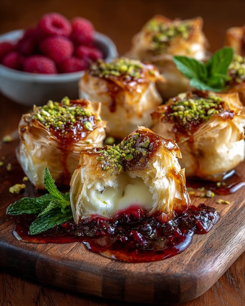 Golden Pistachio Brie Bites with a Raspberry Drizzle 20 golden pistachio brie bites