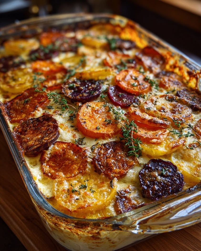 Maple-Glazed Root Vegetable Gratin with Gruyere and Hot Honey 20 maple glazed beet sweet potato gratin