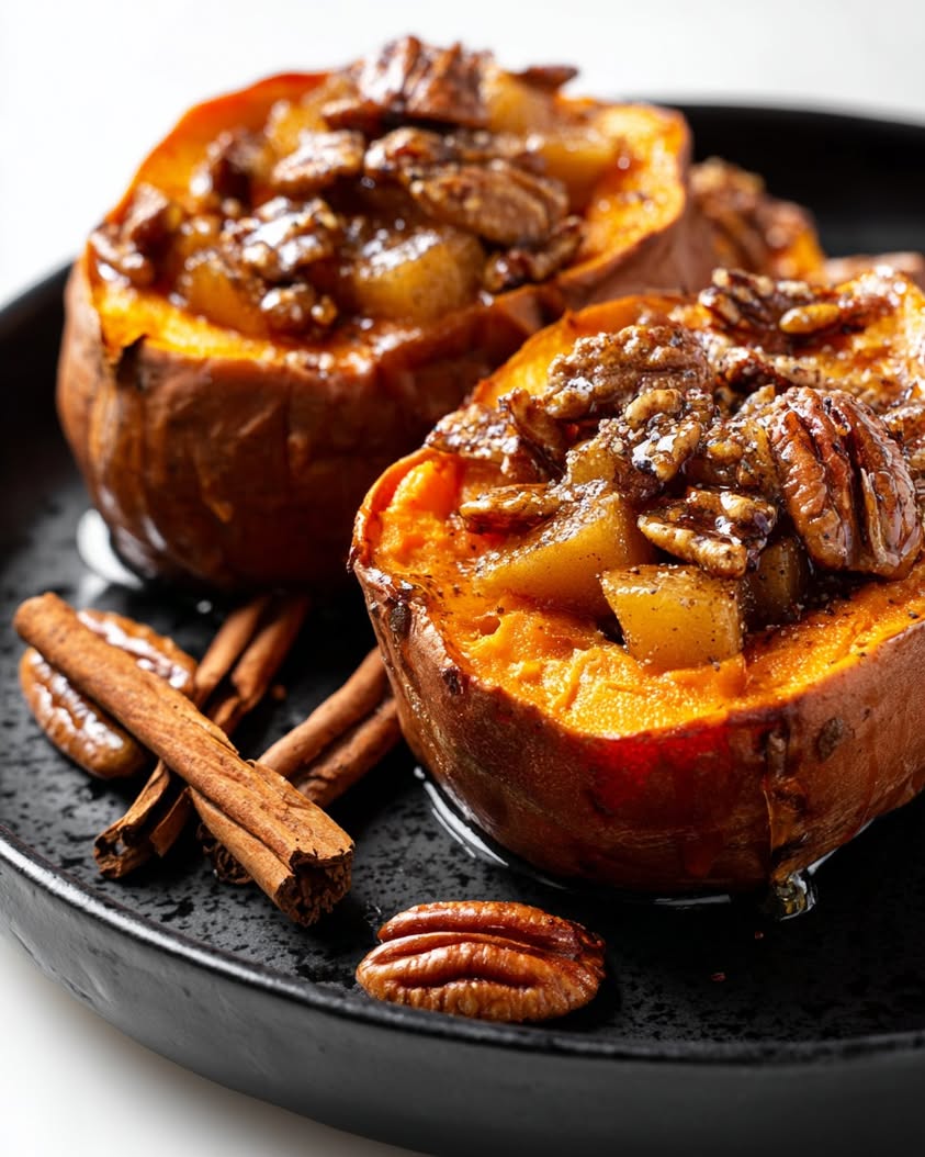 Maple-Glazed Sweet Potatoes with Apple Cinnamon Pecan Butter 18 maple glazed stuffed sweet potatoes