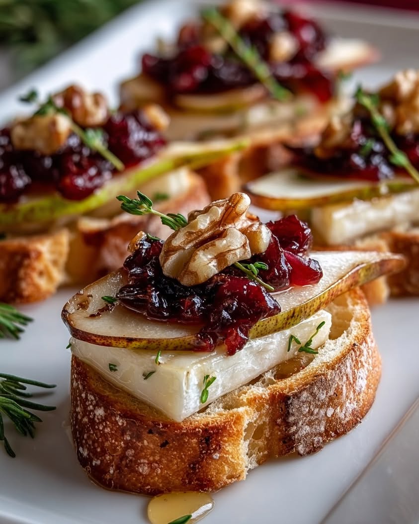Pear, Brie, and Cranberry Crostini with Thyme Honey 17 pear brie cranberry crostini honey
