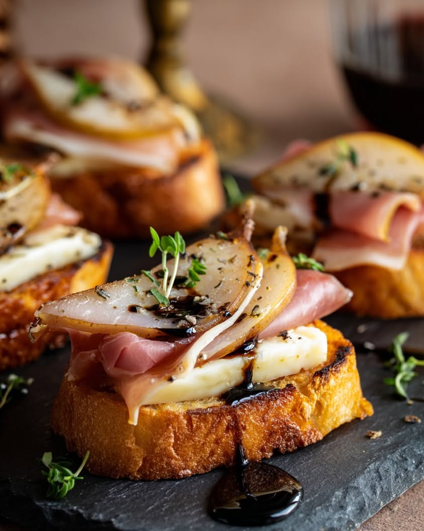 Pear, Brie, and Prosciutto Crostini with Balsamic Honey 18 pear brie prosciutto crostini 1