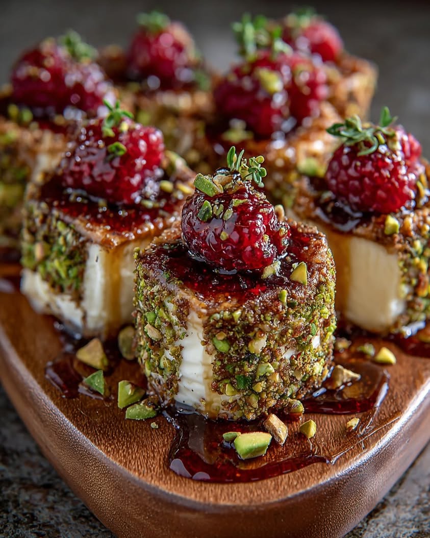 Pistachio-Crusted Brie Bites with Raspberry Honey Glaze Recipe 20 pistachio crusted brie bites 2