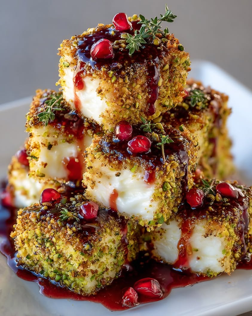 Pistachio-Crusted Brie Bites with Pomegranate Glaze and Thyme 20 pistachio crusted brie bites