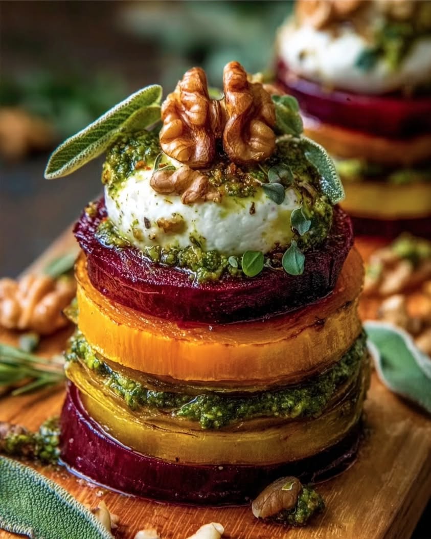 Roasted Beet and Sweet Potato Stacks with Whipped Feta 19 roasted beet sweet potato stacks