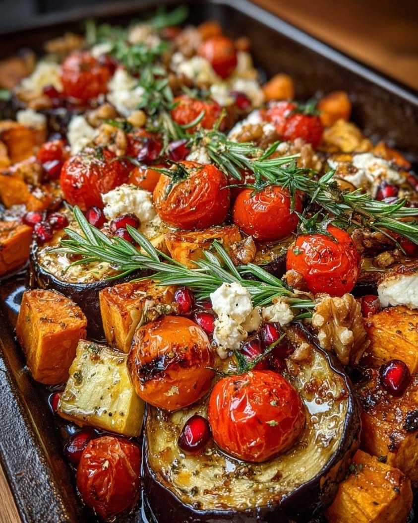 Roasted Vegetable Medley with Feta, Walnuts, and Pomegranate Glaze 21 roasted eggplant sweet potato feta glaze