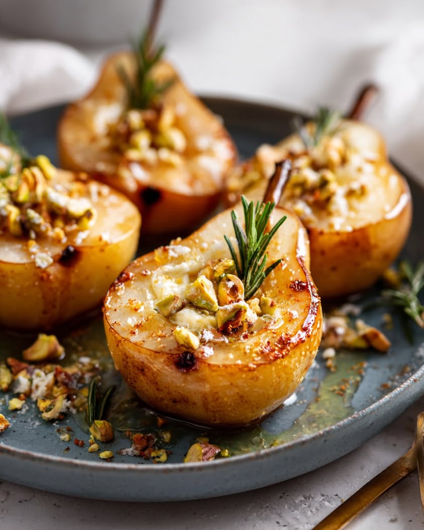 Roasted Pear Halves with Brie and Rosemary Honey Drizzle 16 roasted pear halves brie pistachios