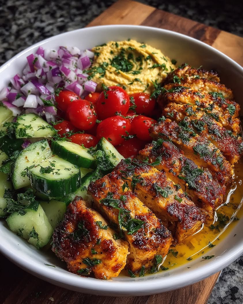 Spicy Garlic Chicken Bowls with Hummus and Cucumber Salad 23 spicy garlic chicken hummus bowl 1