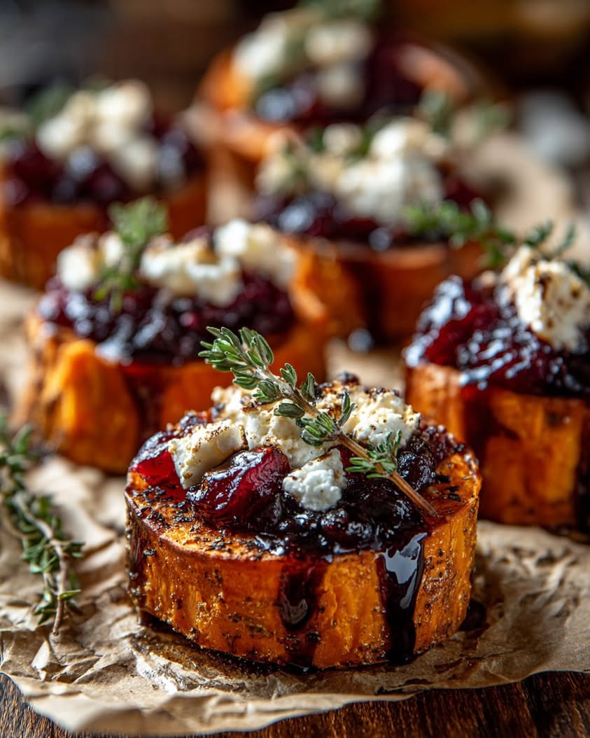 Sweet Potato Rounds with Goat Cheese and Cranberry Glaze 17 sweet potato goat cheese cranberry