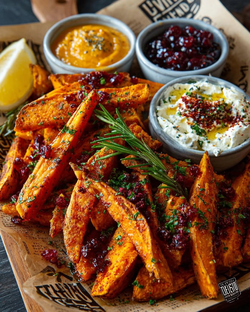 Sweet Potato Wedges with Hot Honey Whipped Feta and Cranberry Dust 20 sweet potato wedges honey feta
