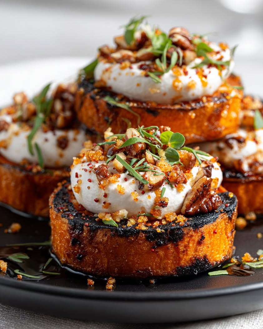 Torch-Topped Sweet Potato Crostini with Chili Crunch & Pecan Candy 16 torch topped sweet potato crostini