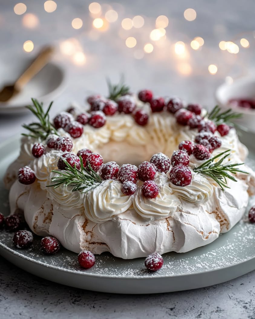 Vanilla Bean Pavlova Wreath with Cranberries and Snowy Rosemary 21 vanilla bean pavlova wreath cranberries