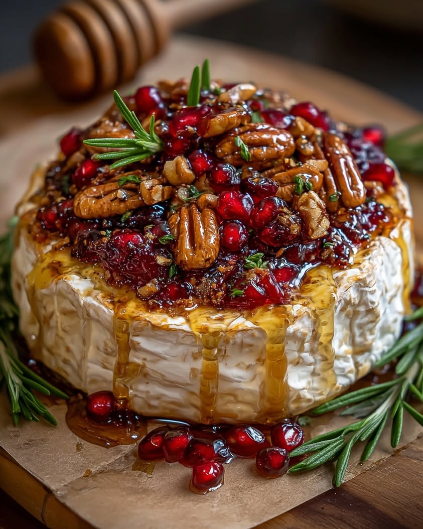Baked Brie with Cranberry Sauce, Pecans, and Pomegranates 16 baked brie honey balsamic cranberry sauce