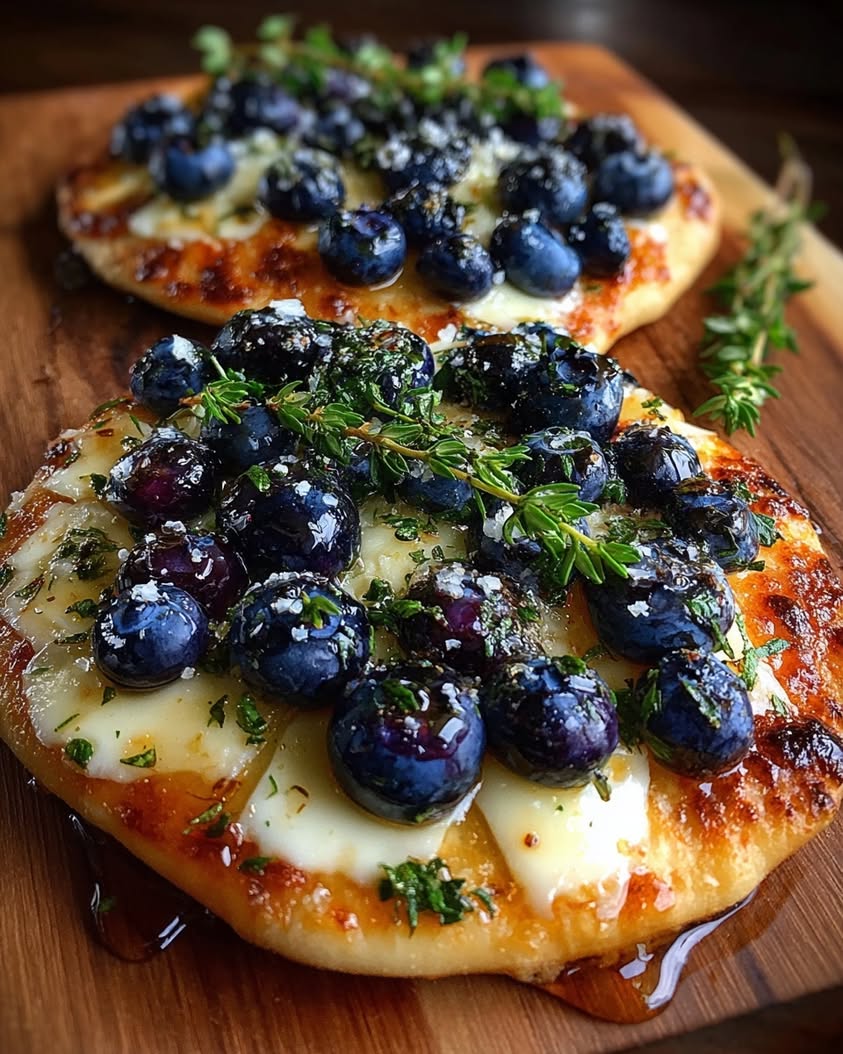 Easy Blueberry Brie Flatbread with Thyme and Honey Recipe 17 blueberry brie thyme flatbread honey