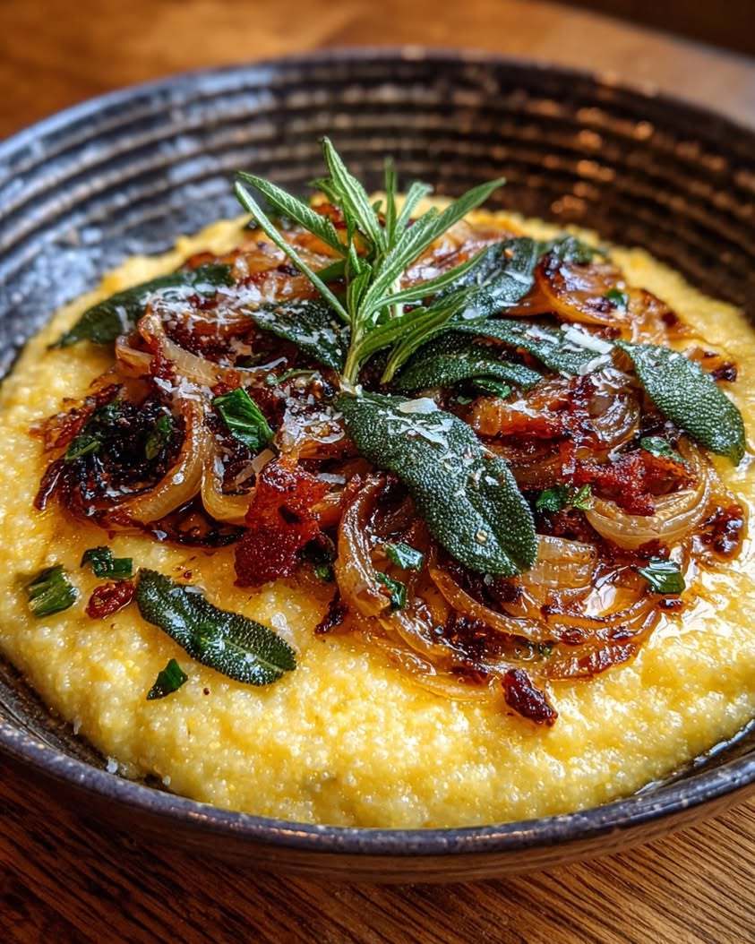 Brown Butter Polenta with Caramelized Onions and Crispy Sage 19 brown butter polenta caramelized onions