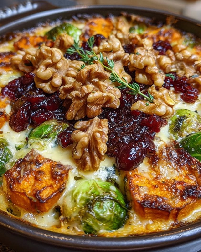 Brussels Sprout Sweet Potato Gratin with Brie and Cranberry Drizzle 20 brussels sprout sweet potato gratin