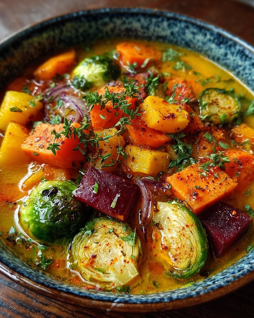 Roasted Root Vegetable Soup with Thyme and Sweet Potato Medley 22 brussels sprouts sweet potato squash soup