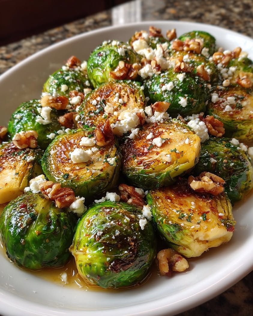 Caramelized Brussels Sprouts with Feta, Walnuts & Hot Honey Drizzle 17 caramelized brussels sprouts feta walnuts honey 1