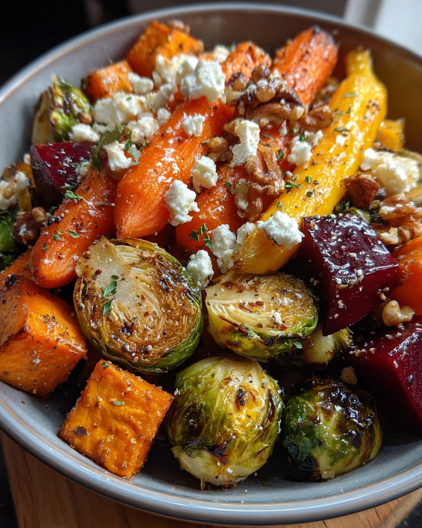 Roasted Root Vegetable Medley with Hot Honey, Feta & Walnuts 22 caramelized brussels sprouts sweet potato medley