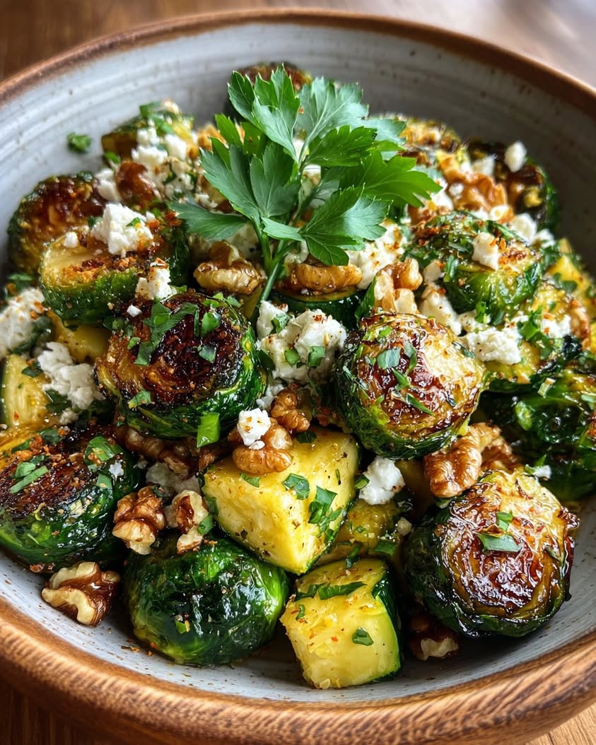 Caramelized Brussels Sprouts with Hot Honey Drizzle & Feta 21 caramelized brussels sprouts zucchini feta walnuts