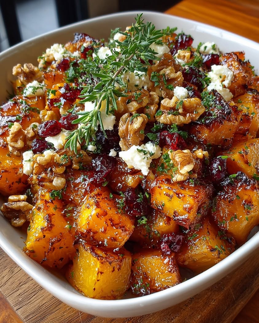 Caramelized Butternut Squash with Feta and Honey Cranberry Glaze 19 caramelized butternut squash feta walnuts