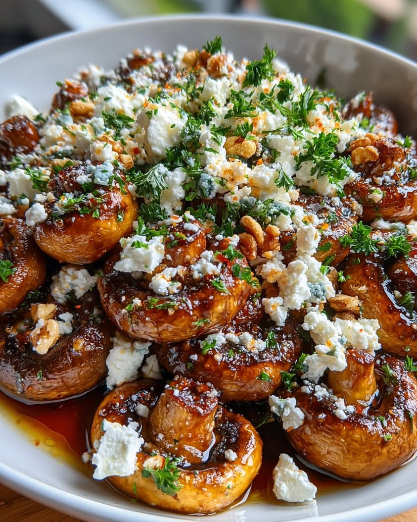 Caramelized Garlic Mushrooms with Feta and Hot Honey Drizzle 19 caramelized garlic mushrooms feta walnuts