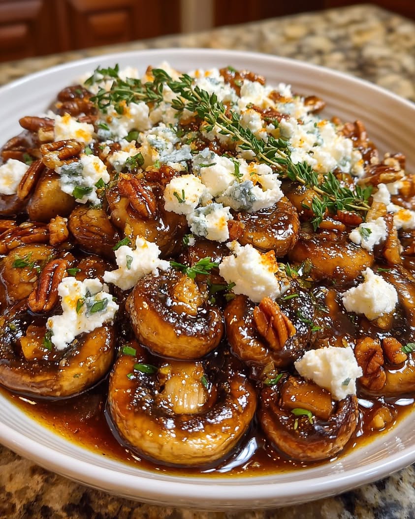 Caramelized Garlic Mushrooms with Goat Cheese and Hot Honey Drizzle 18 caramelized garlic mushrooms goat cheese