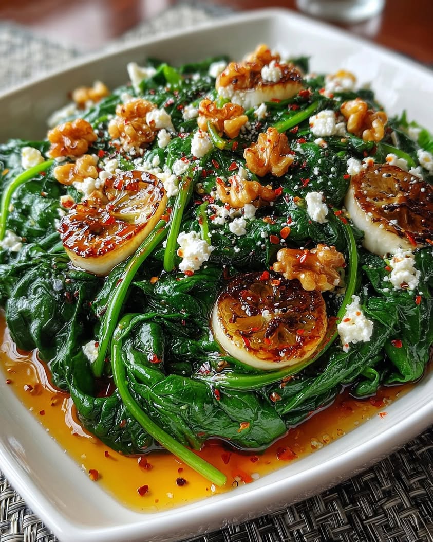 Caramelized Garlic Spinach with Feta, Walnuts, and Hot Honey Drizzle Recipe 18 caramelized garlic spinach feta walnuts
