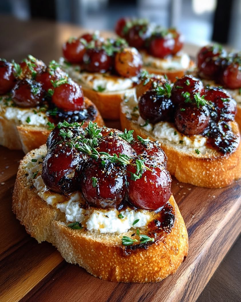 Caramelized Ricotta Crostini with Roasted Grapes and Honey Thyme 17 caramelized ricotta roasted grape crostini