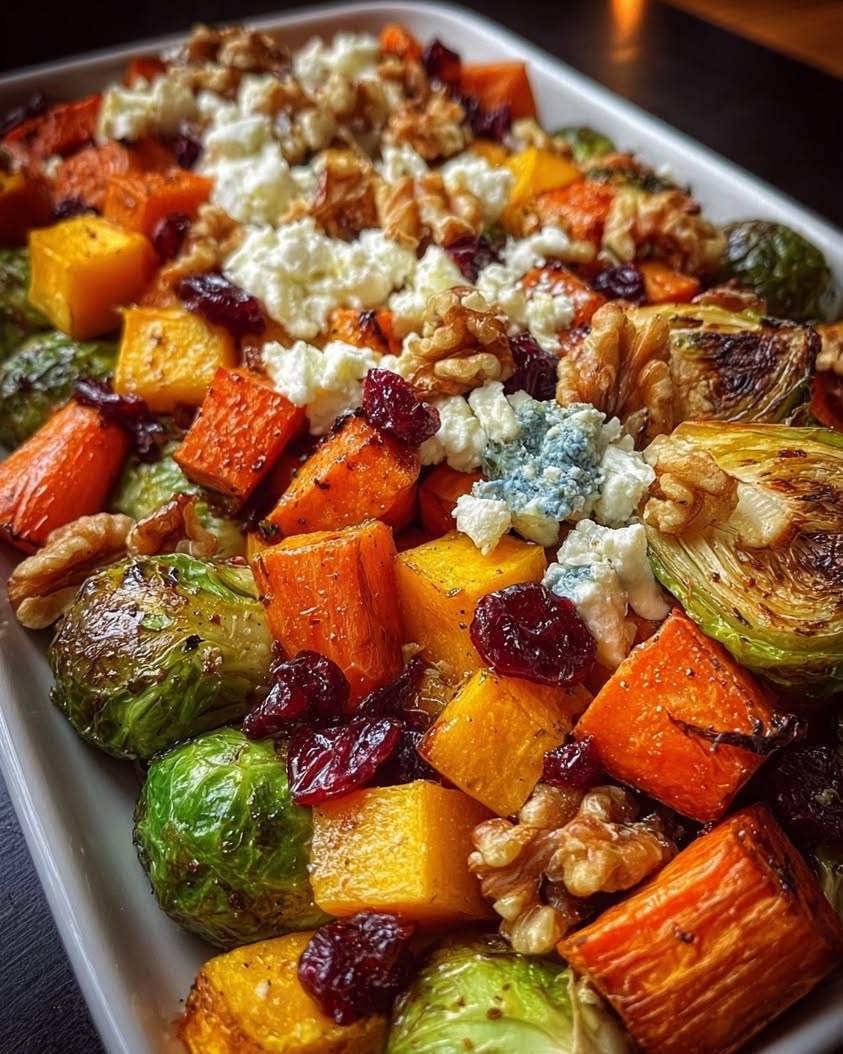 Roasted Winter Vegetables with Feta, Walnuts, and Honey Glaze 22 caramelized squash carrots brussels sprouts sweet potato