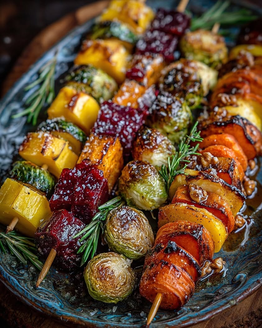 Roasted Root Vegetable Skewers with Cranberry Honey Glaze 23 caramelized vegetable skewers honey glaze