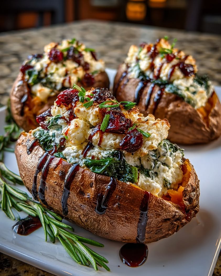 Creamy Ricotta Stuffed Sweet Potatoes with Balsamic Cranberry Glaze 21 creamy ricotta spinach stuffed sweet potatoes