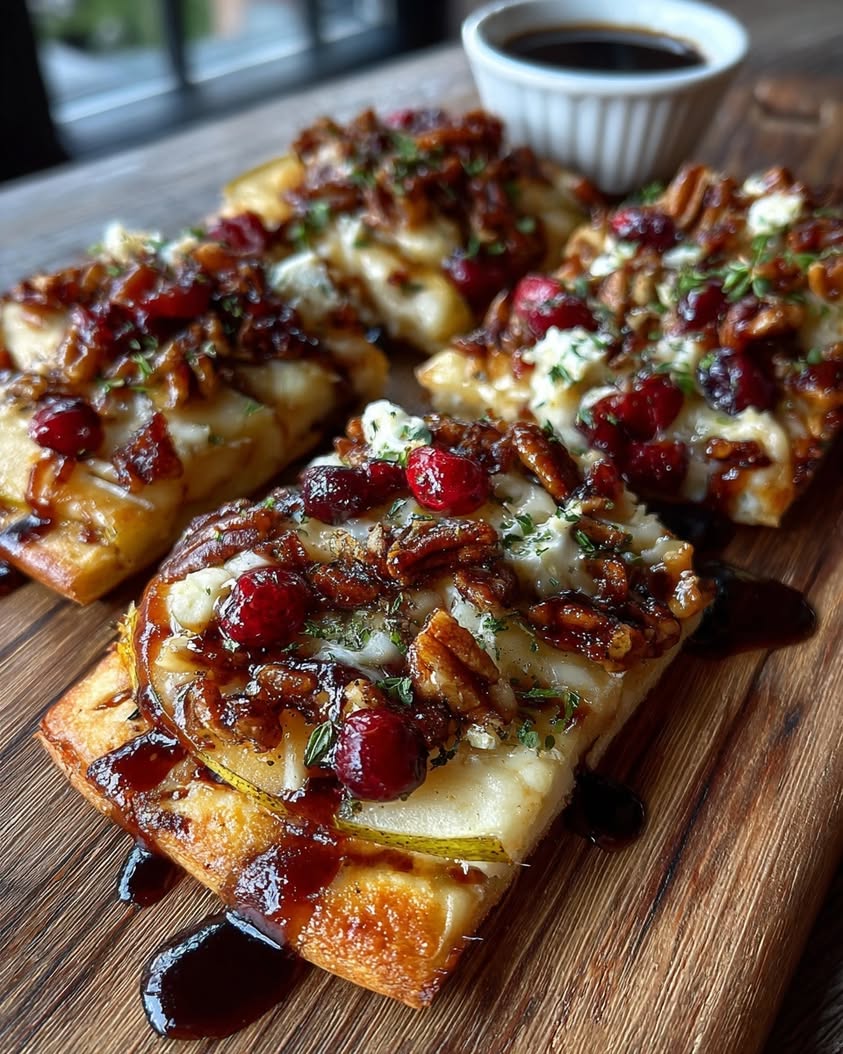 Crispy Brie Flatbread with Pears, Cranberries, and Sticky Glaze 20 crispy brie flatbread pears cranberries