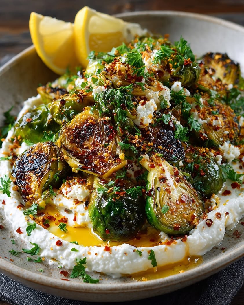 Crispy Brussels Sprout Smash with Whipped Ricotta & Hot Honey 19 crispy brussels sprout smash whipped ricotta