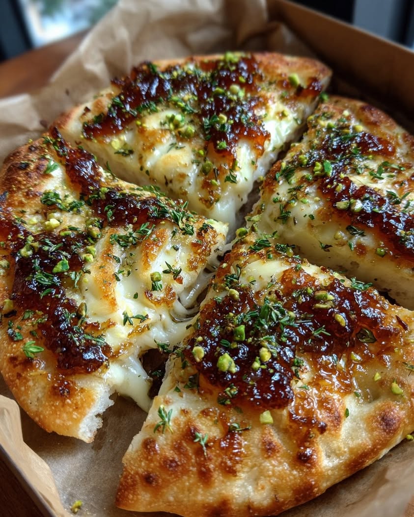 Crispy Flatbread with Brie, Pear Jam, and Pistachio Dust Recipe 18 crispy flatbread brie pear jam