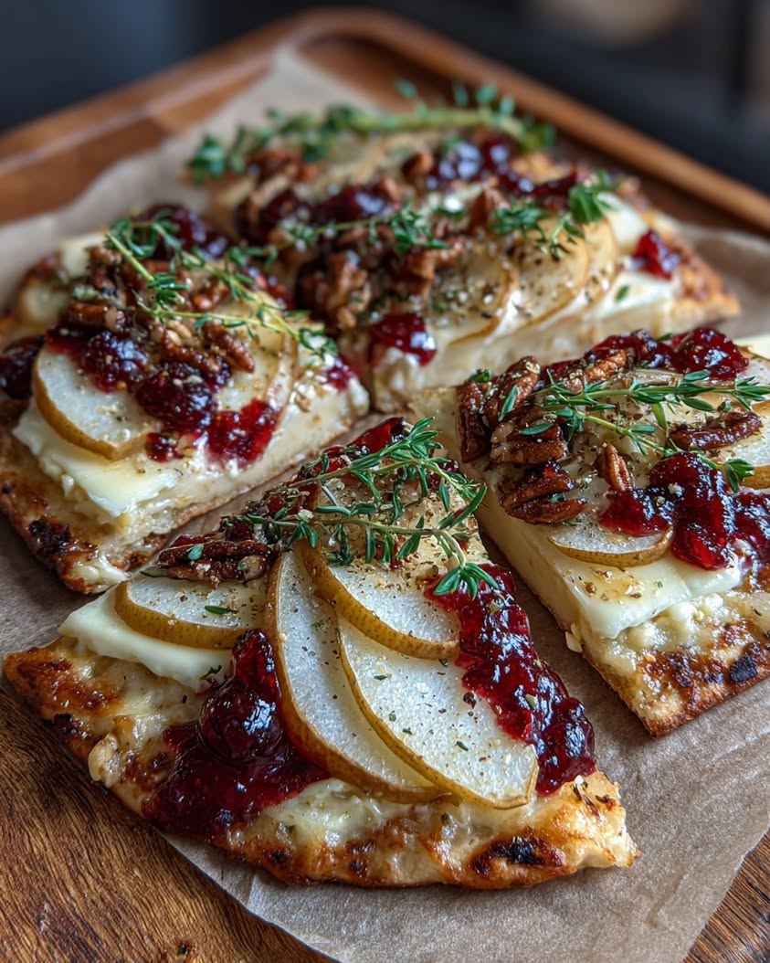 Crispy Flatbread with Brie, Pear, Pecans, and Cranberry Glaze 19 crispy flatbread brie pear pecans