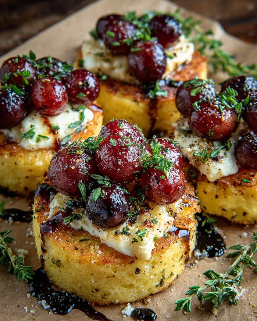 Crispy Polenta Smash with Brie, Roasted Grapes, and Chili Honey 18 crispy parmesan polenta smash brie