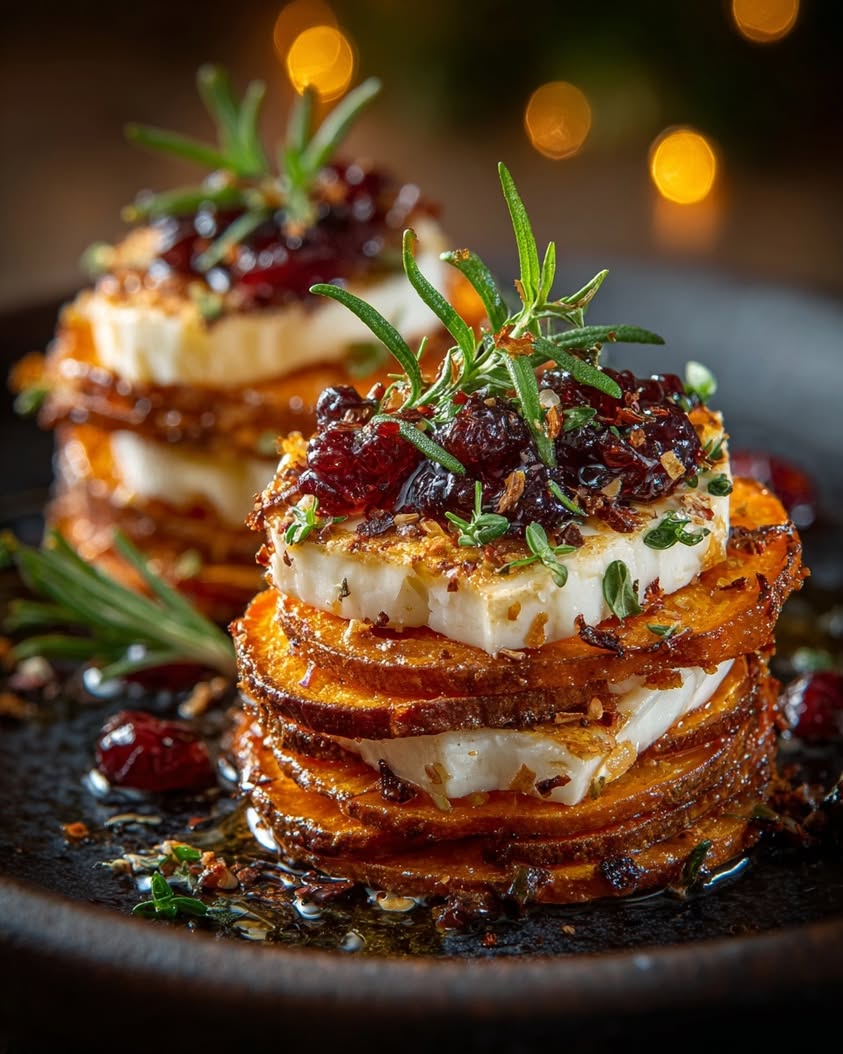Crispy Sweet Potato Stacks with Brie, Cranberry Jam & Hot Honey 19 crispy sweet potato stacks brie cranberry