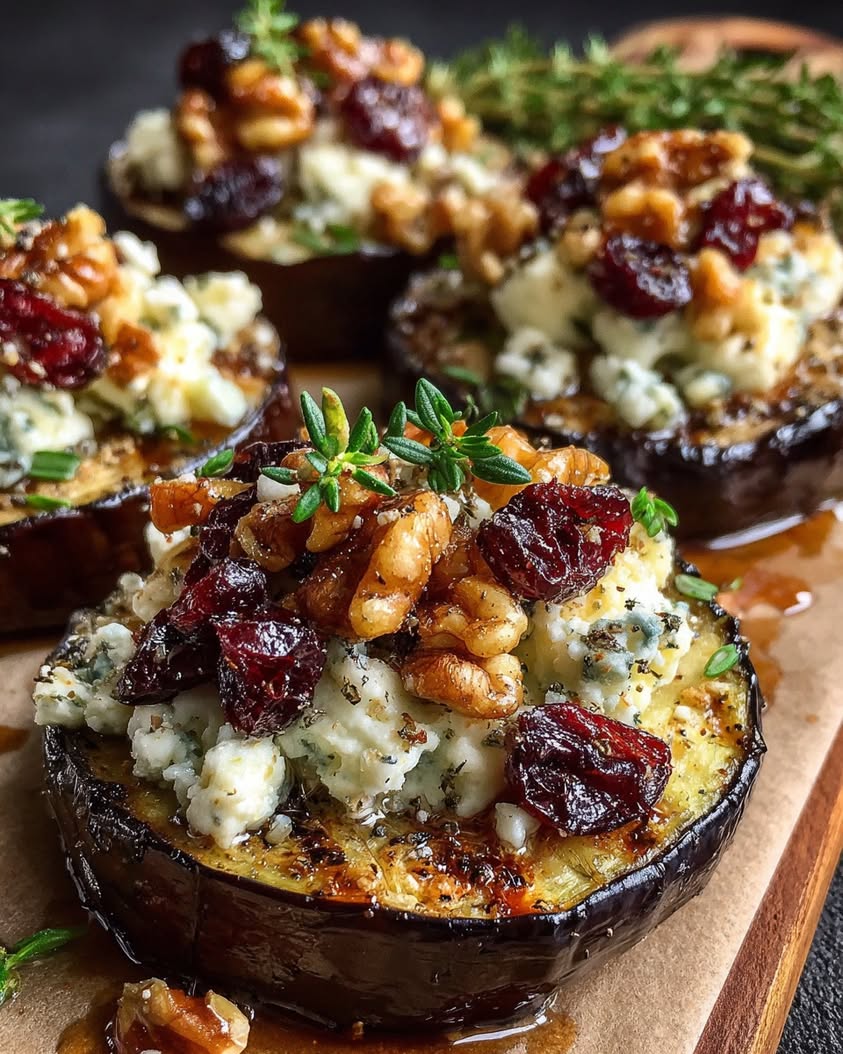 Savory Eggplant Rounds with Bleu Cheese, Cranberries, and Walnuts 16 eggplant rounds blue cheese cranberries walnuts
