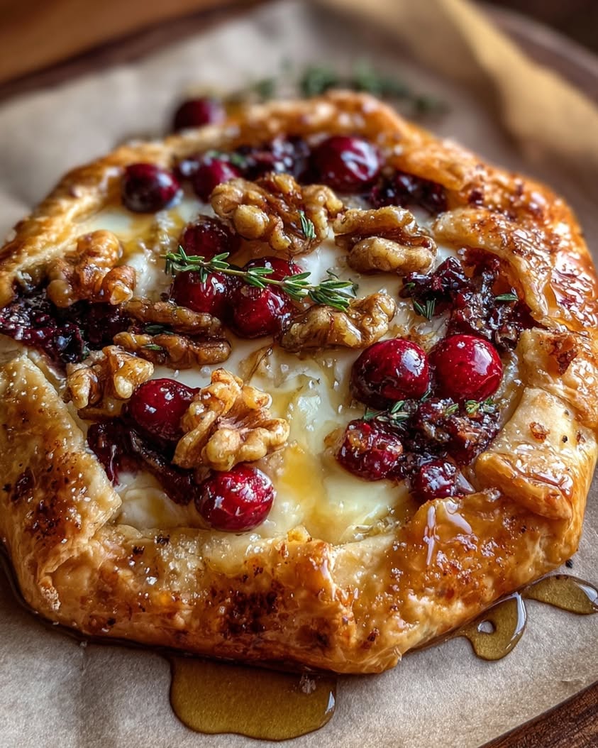 Brie and Cranberry Galette with Hot Honey Walnut Drizzle 18 galette brie cranberries walnuts honey