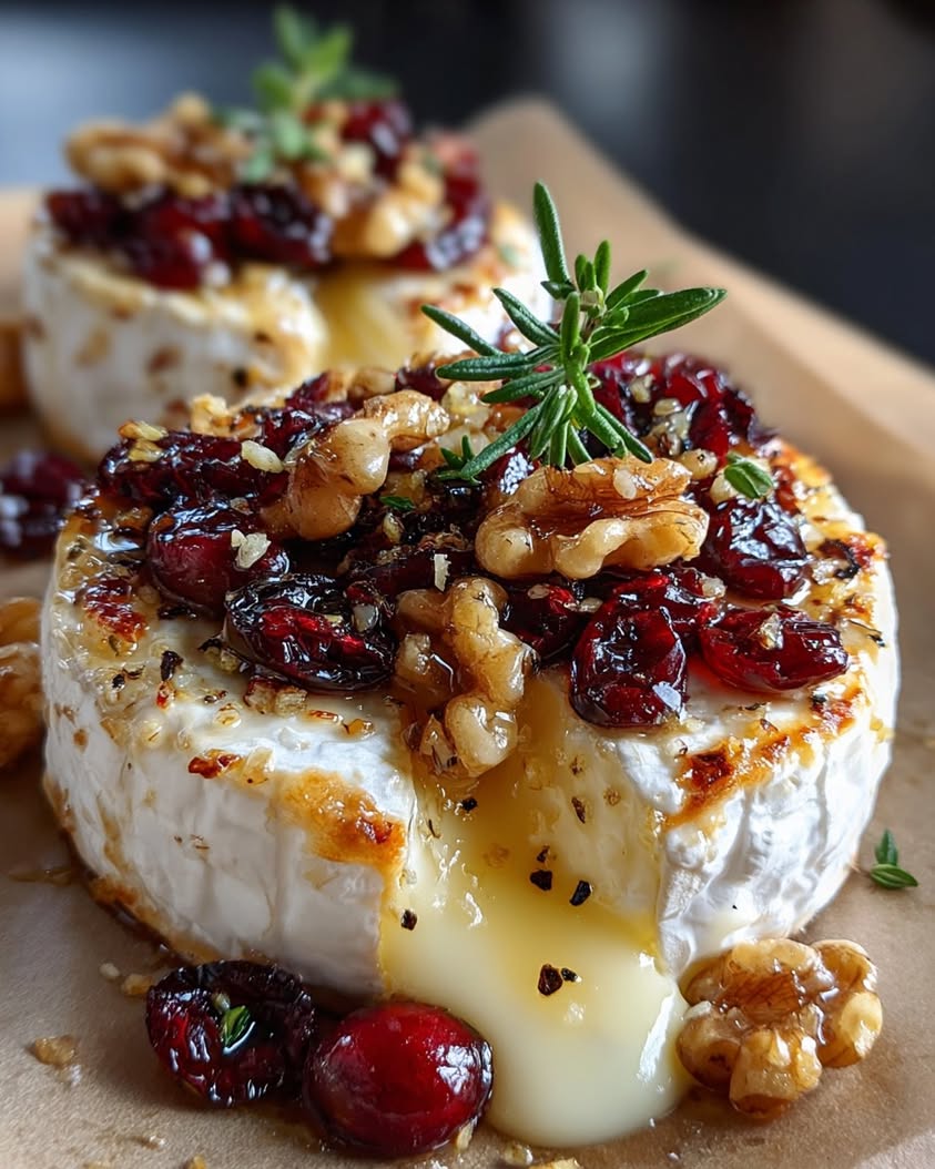Garlic Butter Brie Rounds with Cranberries, Walnuts & Hot Honey Drizzle 21 garlic butter brie cranberry walnuts