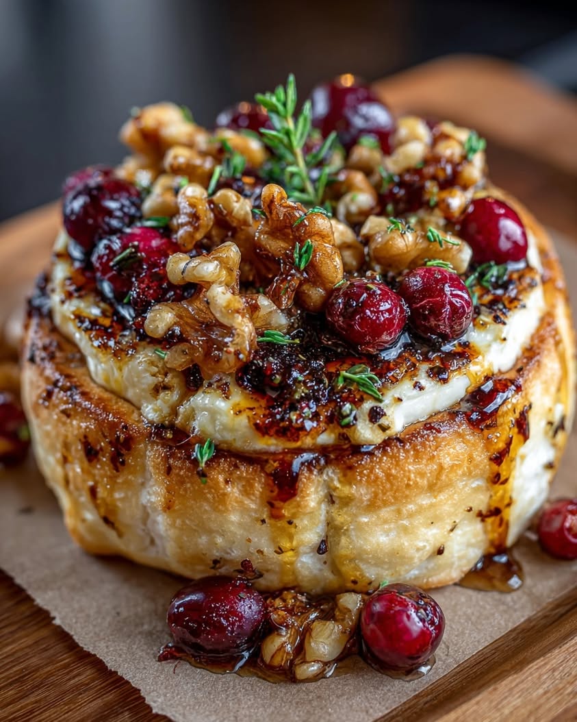 Garlic Butter Camembert Crumpets with Cranberry Walnut Hot Honey Drizzle 21 garlic butter camembert crumpets cranberries