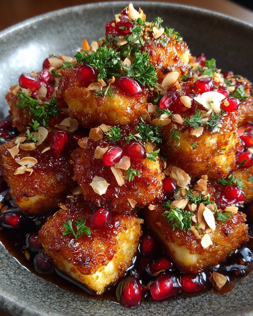 Golden Halloumi Bites with Pomegranate Glaze and Almond Crunch 16 golden halloumi bites pomegranate glaze